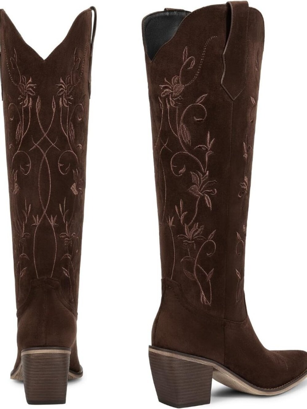 Women's Chocolate Cowboy Boots Knee High with Pointed Toe Chunky Heel Floral - Picture 6 of 6